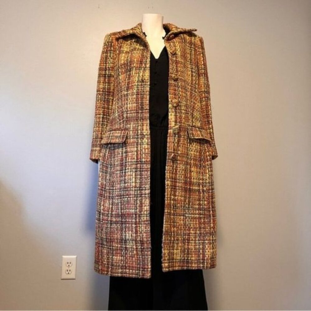 Vintage Tweed Long Coat Red, Black and Yellow Size S-M
